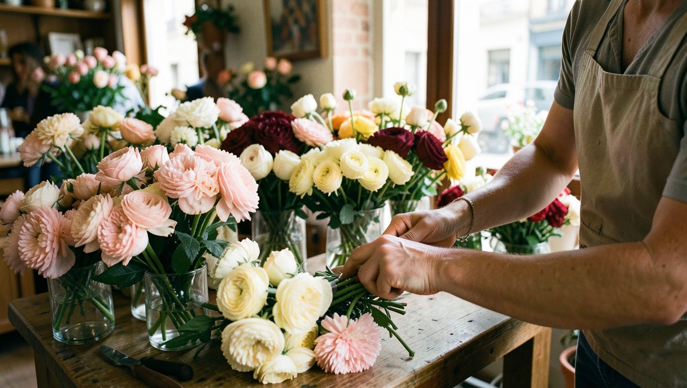 Florista preparando un ramo fresco en su mesa de trabajo