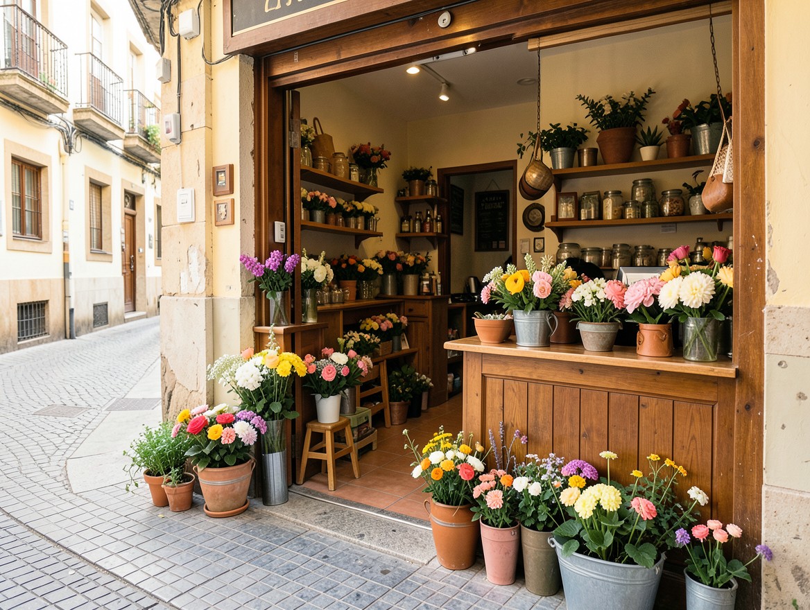 Entrada de una floristería de barrio llena de flores